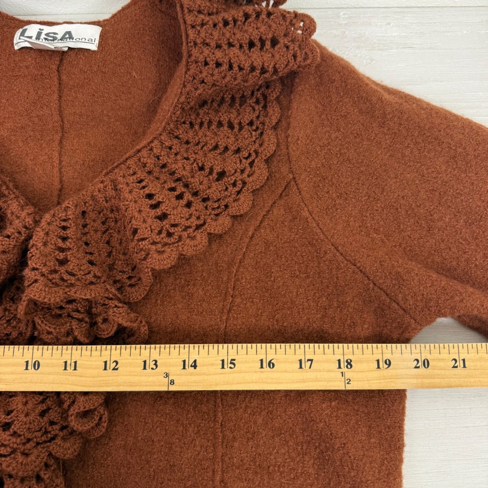 Vtg Lisa International Boiled Wool Blazer Jacket‎ M Crochet Ruffle V-Neck Brown - Picture 13 of 16